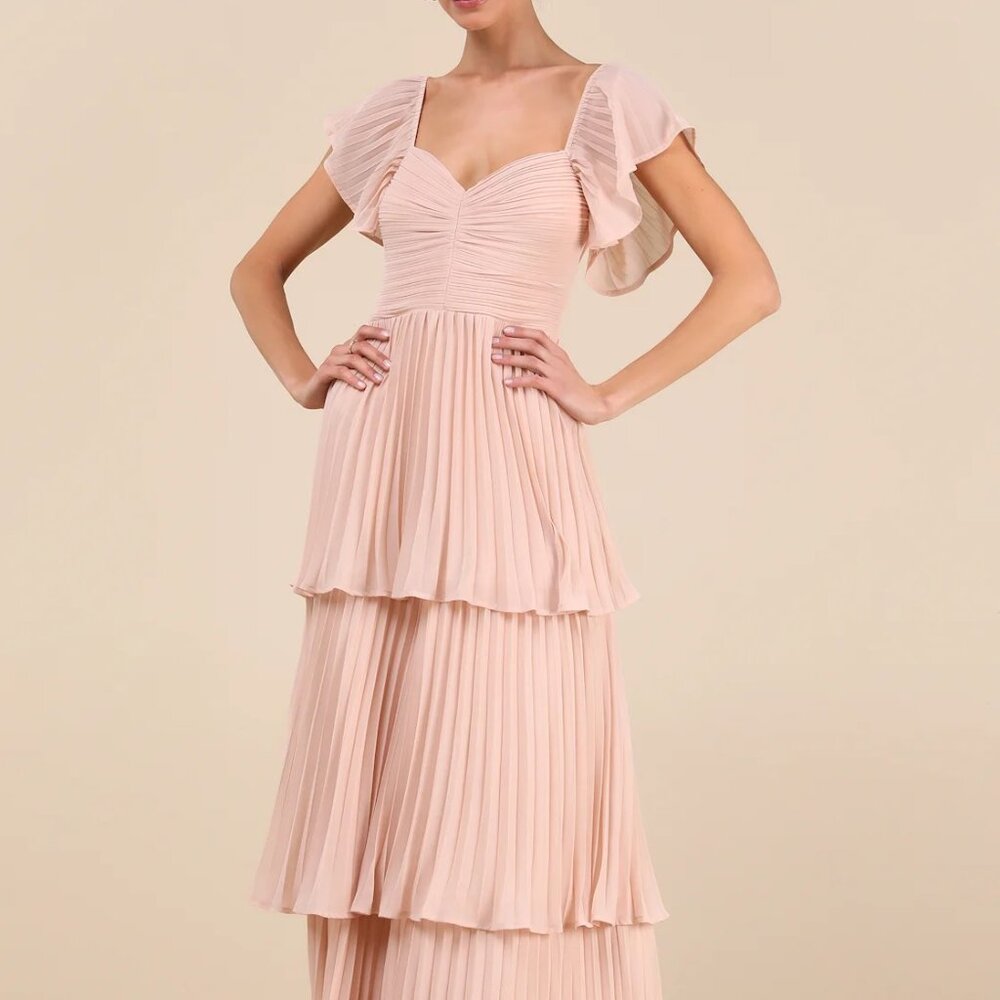 Lulus Notorious Charm Blush/Nude Pleated Flutter Sleeve Maxi Dress - Size XL